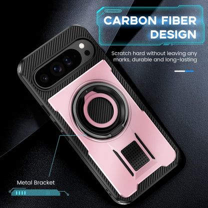 For Google Pixel 9 Pro XL Ring Holder Carbon Fiber PC Hybrid TPU Phone Case(Rose Gold) - Google Cases by buy2fix | Online Shopping UK | buy2fix