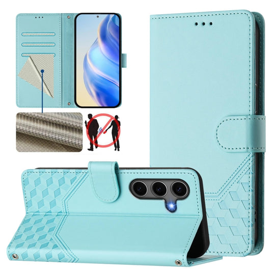For Samsung Galaxy S25+ 5G Honeycomb Embossing RFID Leather Phone Case(Mint Green)