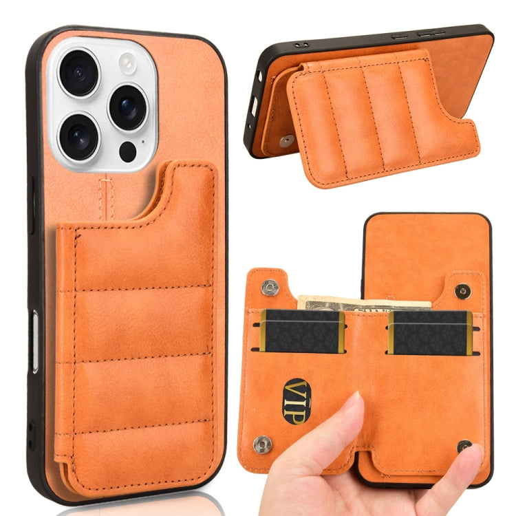 For iPhone 16 Pro Cow Pattern Sewing Card Bag Phone Case(Orange) - iPhone 16 Pro Cases by buy2fix | Online Shopping UK | buy2fix