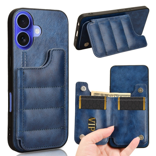 For iPhone 16 Cow Pattern Sewing Card Bag Phone Case(Blue) - iPhone 16 Cases by buy2fix | Online Shopping UK | buy2fix