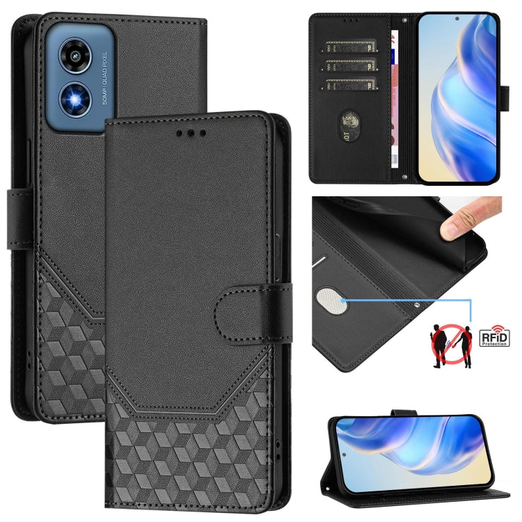 For Motorola Moto G Play 4G 2024 Oversea Honeycomb Embossing RFID Leather Phone Case(Black) - Motorola Cases by buy2fix | Online Shopping UK | buy2fix