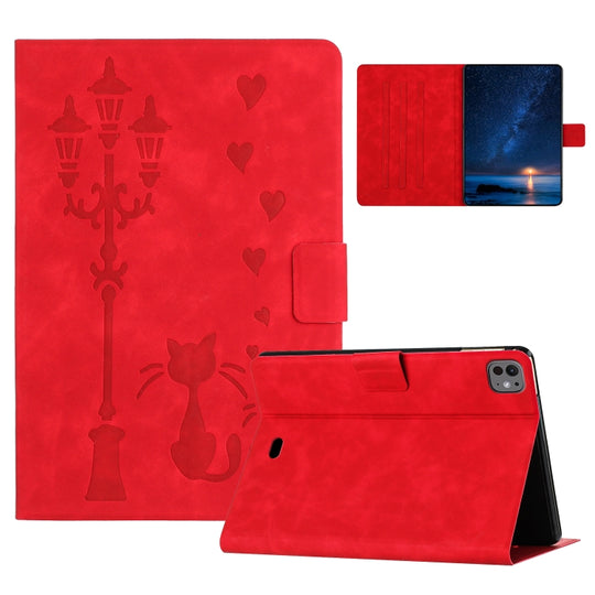 For iPad Air 11 2026 / 2025 / 2024 Embossed Couple Cat Smart Tablet Leather Case(Red)