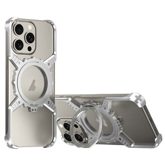For iPhone 16 Pro Mechanical Gear MagSafe Holder Borderless Metal Phone Case(Silver) by buy2fix