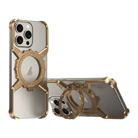For iPhone 16 Pro Mechanical Gear MagSafe Holder Borderless Metal Phone Case(Gold) by buy2fix