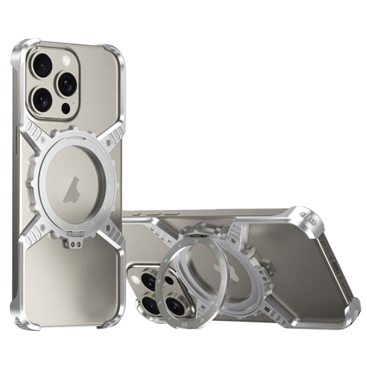 For iPhone 15 / 14 / 13 Pro Max Mechanical Gear MagSafe Holder Borderless Metal Phone Case(Silver) - iPhone 15 Pro Max Cases by buy2fix | Online Shopping UK | buy2fix