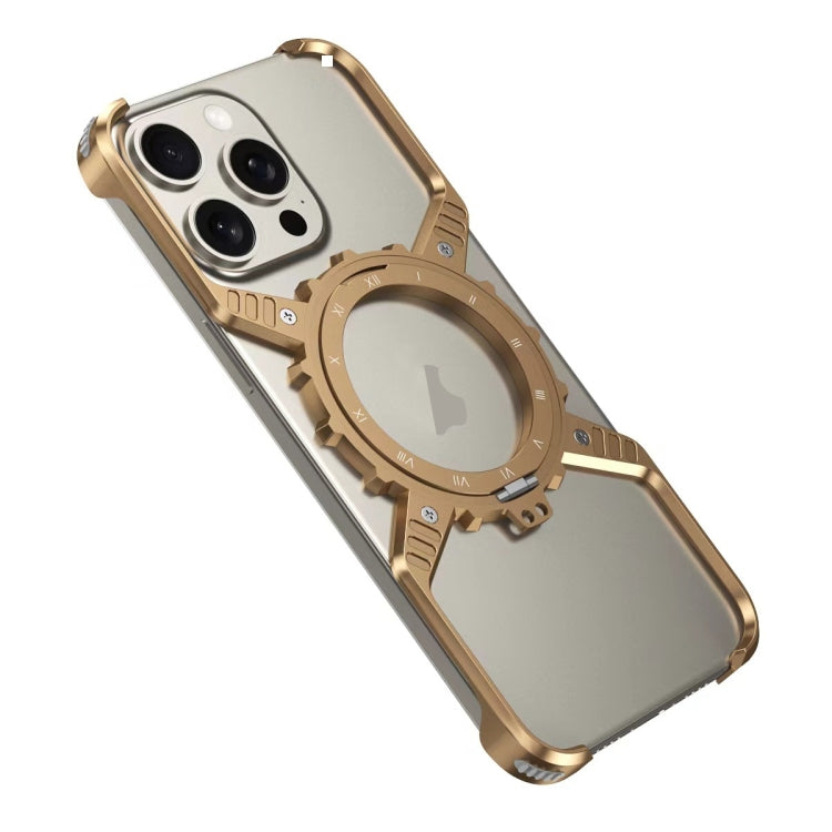 For iPhone 15 / 14 / 13 Pro Max Mechanical Gear MagSafe Holder Borderless Metal Phone Case(Gold) - iPhone 15 Pro Max Cases by buy2fix | Online Shopping UK | buy2fix