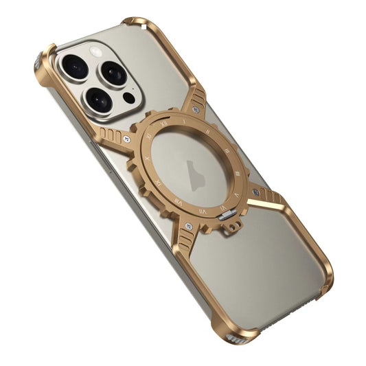 For iPhone 15 Pro / 14 Pro / 13 Pro Mechanical Gear MagSafe Holder Borderless Metal Phone Case(Gold) - iPhone 15 Pro Cases by buy2fix | Online Shopping UK | buy2fix