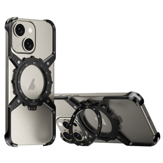 For iPhone 15 / 14 / 13 Mechanical Gear MagSafe Holder Borderless Metal Phone Case(Black) - iPhone 15 Cases by buy2fix | Online Shopping UK | buy2fix