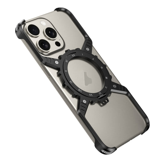 For iPhone 15 / 14 / 13 Mechanical Gear MagSafe Holder Borderless Metal Phone Case(Black) - iPhone 15 Cases by buy2fix | Online Shopping UK | buy2fix