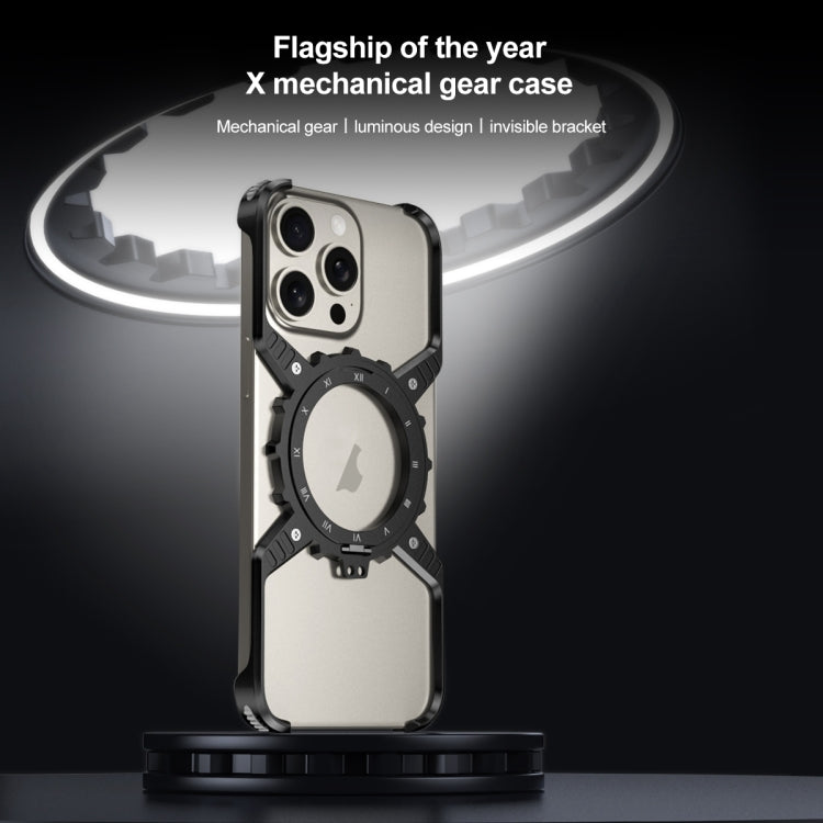 For iPhone 15 / 14 / 13 Pro Max Mechanical Gear MagSafe Holder Borderless Metal Phone Case(Gold) - iPhone 15 Pro Max Cases by buy2fix | Online Shopping UK | buy2fix