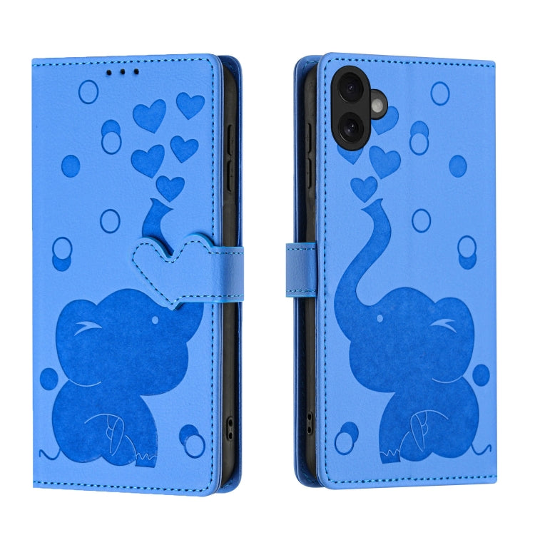 For iPhone 16 Plus Cartoon Elephant Embossed Leather Phone Case(Blue) by buy2fix