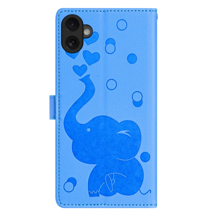 For iPhone 16 Cartoon Elephant Embossed Leather Phone Case(Blue) by buy2fix