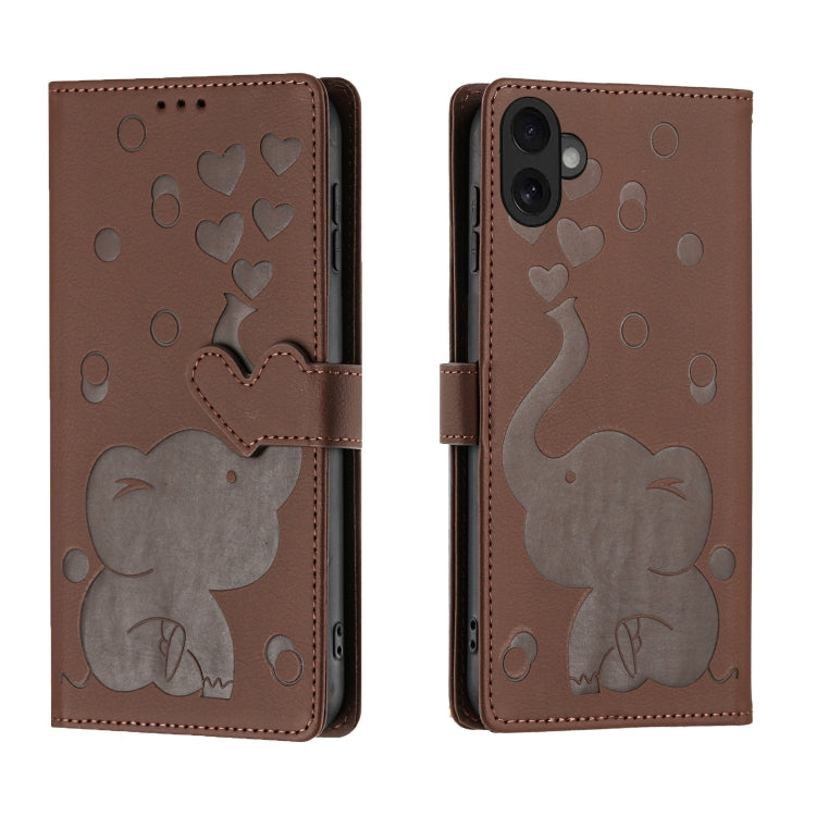For iPhone 16 Cartoon Elephant Embossed Leather Phone Case(Brown) by buy2fix
