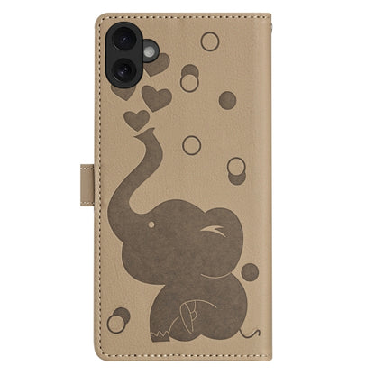 For iPhone 16 Cartoon Elephant Embossed Leather Phone Case(Khaki) - iPhone 16 Cases by buy2fix | Online Shopping UK | buy2fix