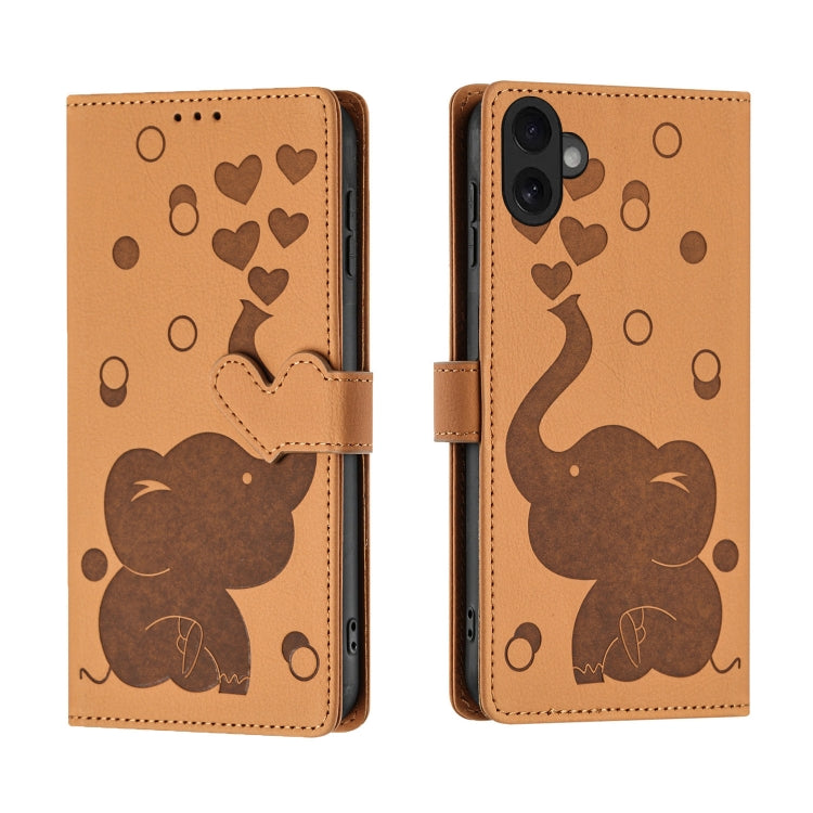 For iPhone 16 Cartoon Elephant Embossed Leather Phone Case(Yellow) by buy2fix