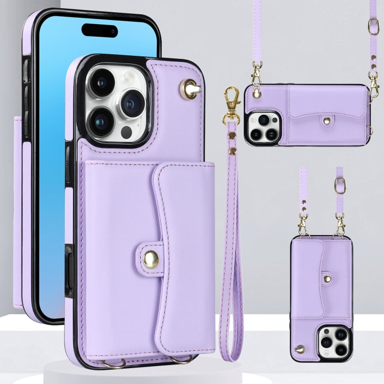 For iPhone 16 Pro RFID Card Slot Phone Case with Long Lanyard(Purple) - iPhone 16 Pro Cases by buy2fix | Online Shopping UK | buy2fix