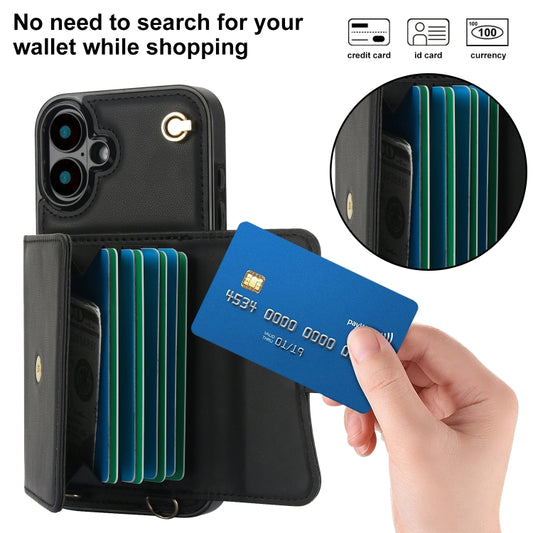 For iPhone 16 Plus RFID Card Slot Phone Case with Long Lanyard(Black) by buy2fix