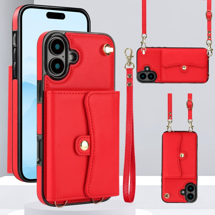 For iPhone 16 Plus RFID Card Slot Phone Case with Long Lanyard(Red) by buy2fix