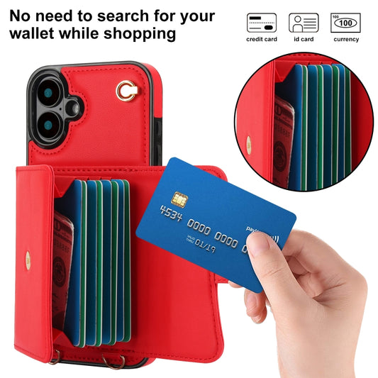 For iPhone 16 Plus RFID Card Slot Phone Case with Long Lanyard(Red) by buy2fix