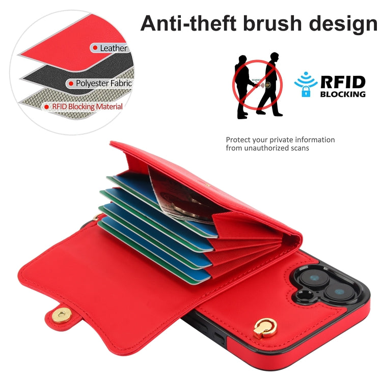 For iPhone 16 Plus RFID Card Slot Phone Case with Long Lanyard(Red) by buy2fix