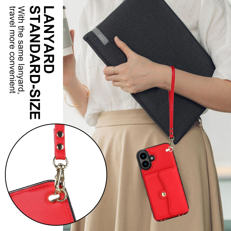 For iPhone 16 Plus RFID Card Slot Phone Case with Long Lanyard(Red) by buy2fix