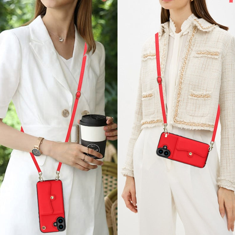 For iPhone 16 Plus RFID Card Slot Phone Case with Long Lanyard(Red) by buy2fix