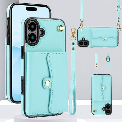 For iPhone 16 Plus RFID Card Slot Phone Case with Long Lanyard(Mint Green) - iPhone 16 Plus Cases by buy2fix | Online Shopping UK | buy2fix