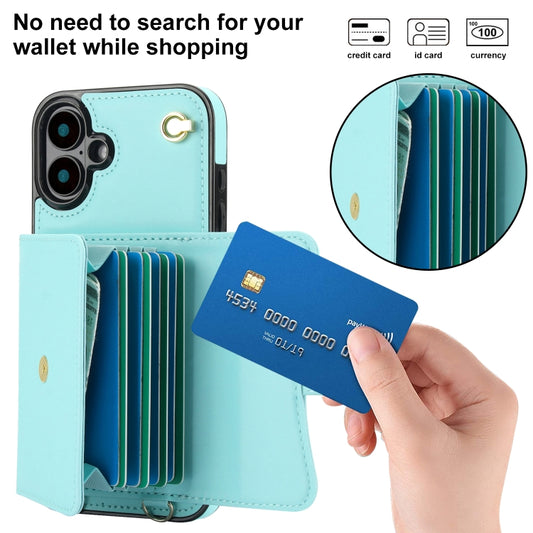 For iPhone 16 Plus RFID Card Slot Phone Case with Long Lanyard(Mint Green) by buy2fix