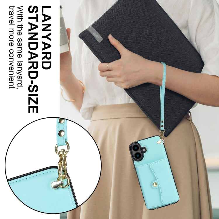 For iPhone 16 Plus RFID Card Slot Phone Case with Long Lanyard(Mint Green) - iPhone 16 Plus Cases by buy2fix | Online Shopping UK | buy2fix