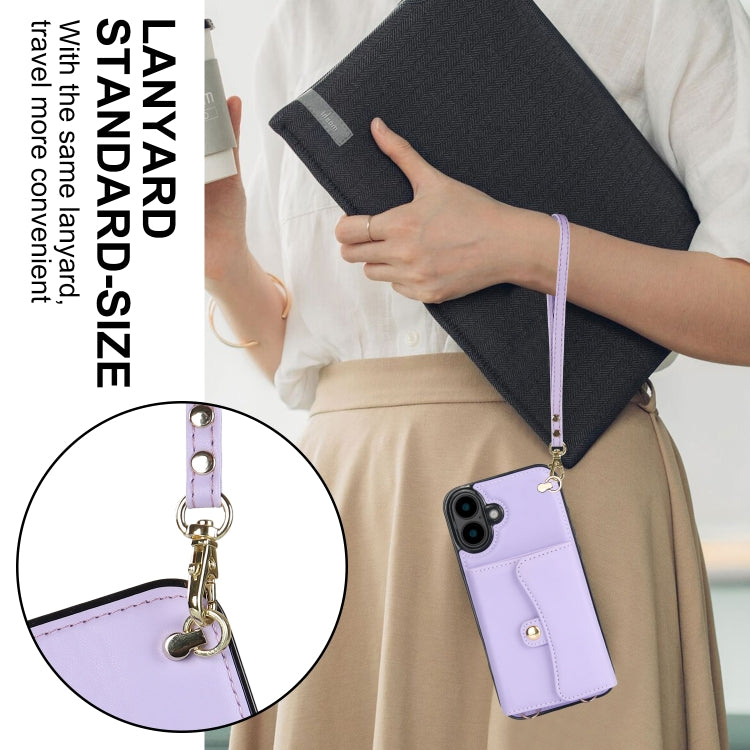 For iPhone 16 Plus RFID Card Slot Phone Case with Long Lanyard(Purple) by buy2fix