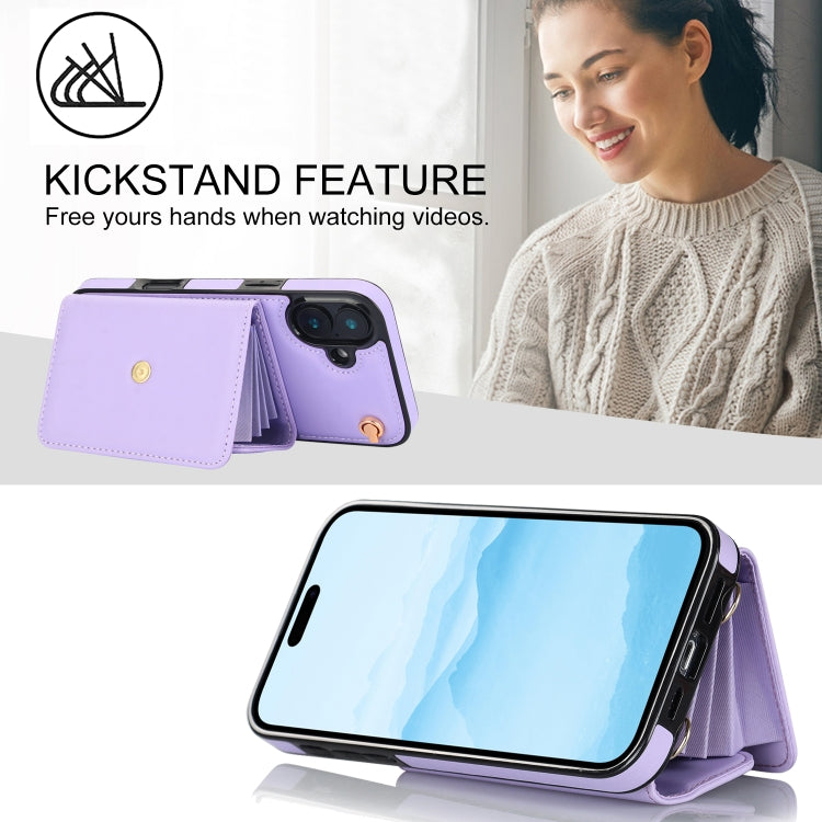 For iPhone 16 Plus RFID Card Slot Phone Case with Long Lanyard(Purple) by buy2fix