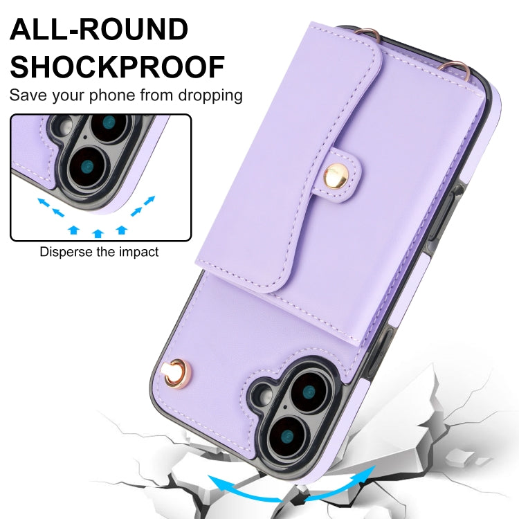 For iPhone 16 Plus RFID Card Slot Phone Case with Long Lanyard(Purple) by buy2fix