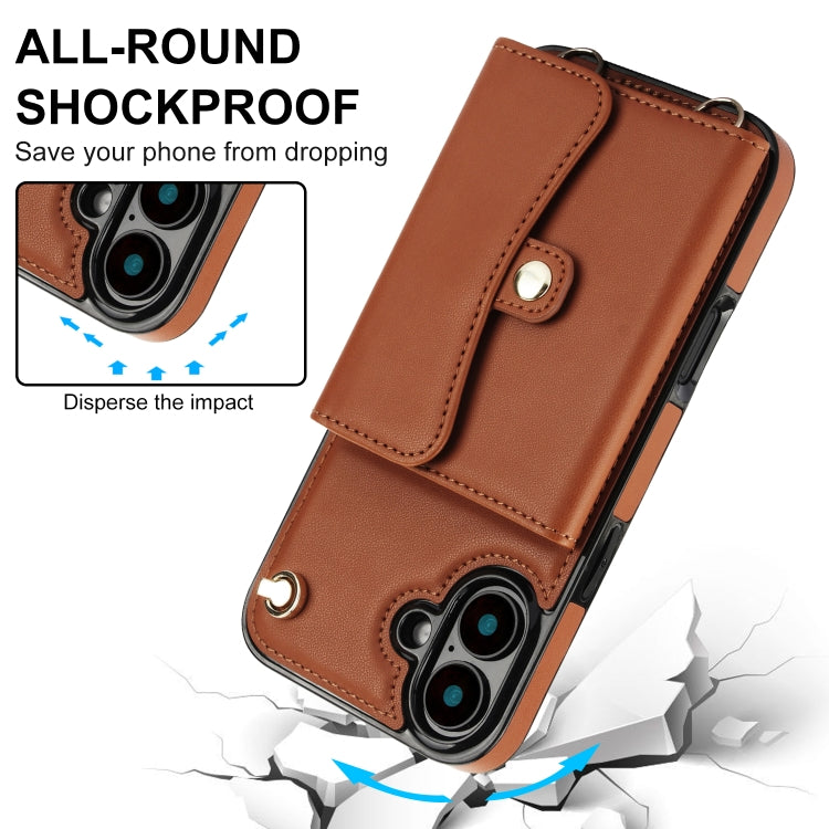 For iPhone 16 Plus RFID Card Slot Phone Case with Long Lanyard(Brown) - iPhone 16 Plus Cases by buy2fix | Online Shopping UK | buy2fix