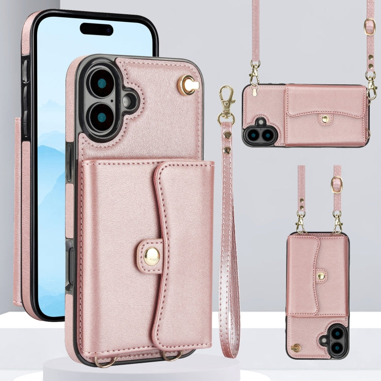 For iPhone 16 RFID Card Slot Phone Case with Long Lanyard(Rose Gold) by buy2fix