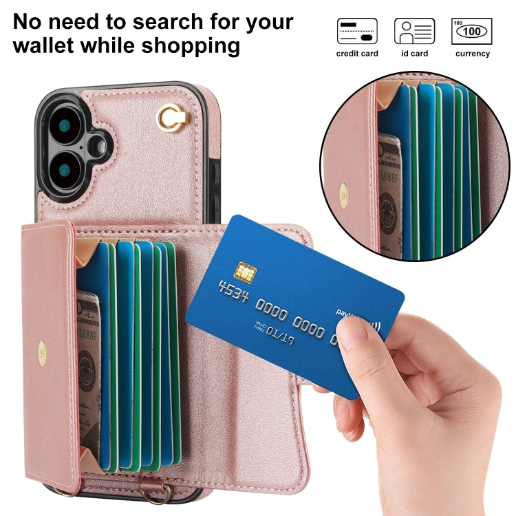 For iPhone 16 RFID Card Slot Phone Case with Long Lanyard(Rose Gold) by buy2fix