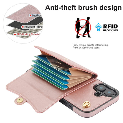 For iPhone 16 RFID Card Slot Phone Case with Long Lanyard(Rose Gold) by buy2fix