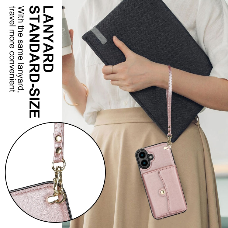 For iPhone 16 RFID Card Slot Phone Case with Long Lanyard(Rose Gold) by buy2fix