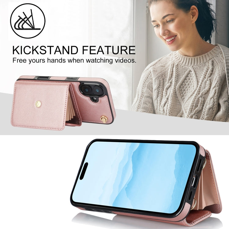 For iPhone 16 RFID Card Slot Phone Case with Long Lanyard(Rose Gold) by buy2fix