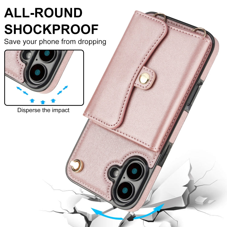 For iPhone 16 RFID Card Slot Phone Case with Long Lanyard(Rose Gold) by buy2fix