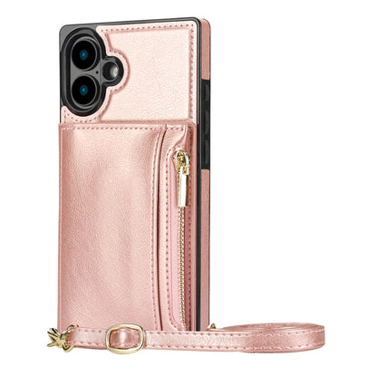 For iPhone 16 Plus Square Zipper Wallet Bag TPU+PU Back Cover Case(Rose Gold) by buy2fix