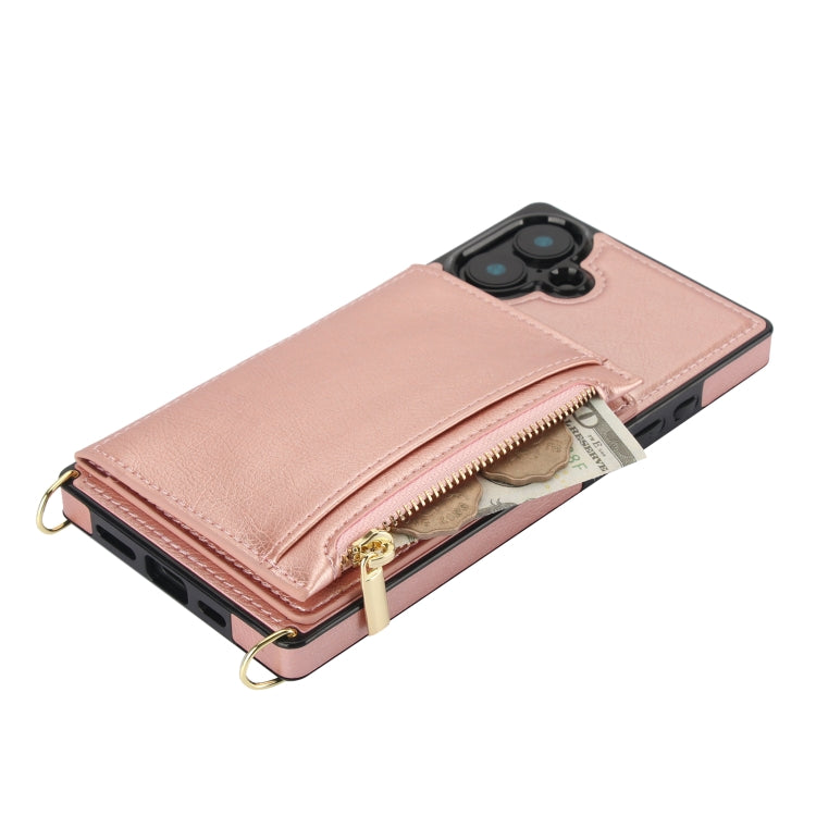 For iPhone 16 Plus Square Zipper Wallet Bag TPU+PU Back Cover Case(Rose Gold) by buy2fix