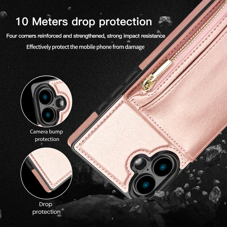 For iPhone 16 Plus Square Zipper Wallet Bag TPU+PU Back Cover Case(Rose Gold) by buy2fix