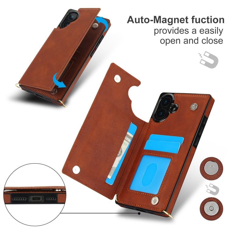 For iPhone 16 Cross-body Square Dual-Buckle Card Flip Wallet Phone Case(Brown) - iPhone 16 Cases by buy2fix | Online Shopping UK | buy2fix