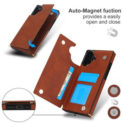 For iPhone 16 Cross-body Square Dual-Buckle Card Flip Wallet Phone Case(Brown) - iPhone 16 Cases by buy2fix | Online Shopping UK | buy2fix