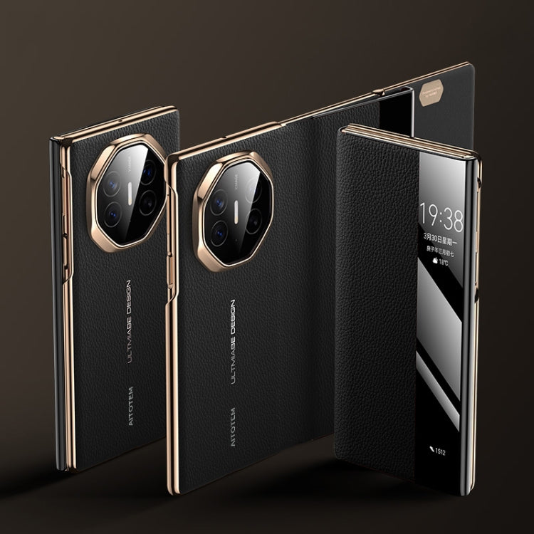 For Huawei Mate XT Ultimate Design View Window Genuine Leather Electroplating Phone Case(Black Gold) - Huawei Cases by buy2fix | Online Shopping UK | buy2fix