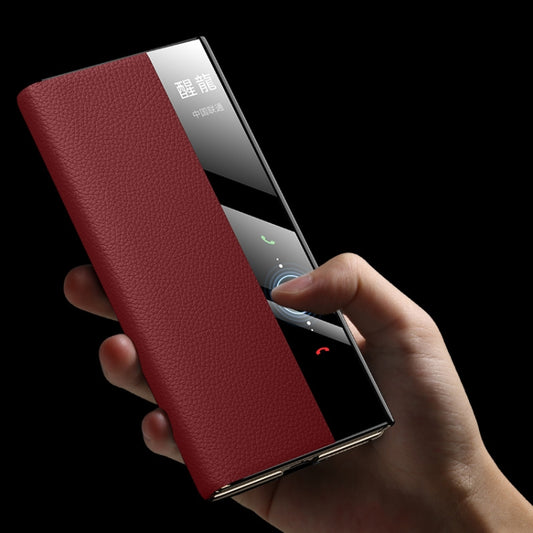 For Huawei Mate XT Ultimate Design View Window Genuine Leather Electroplating Phone Case(Red) - Huawei Cases by buy2fix | Online Shopping UK | buy2fix