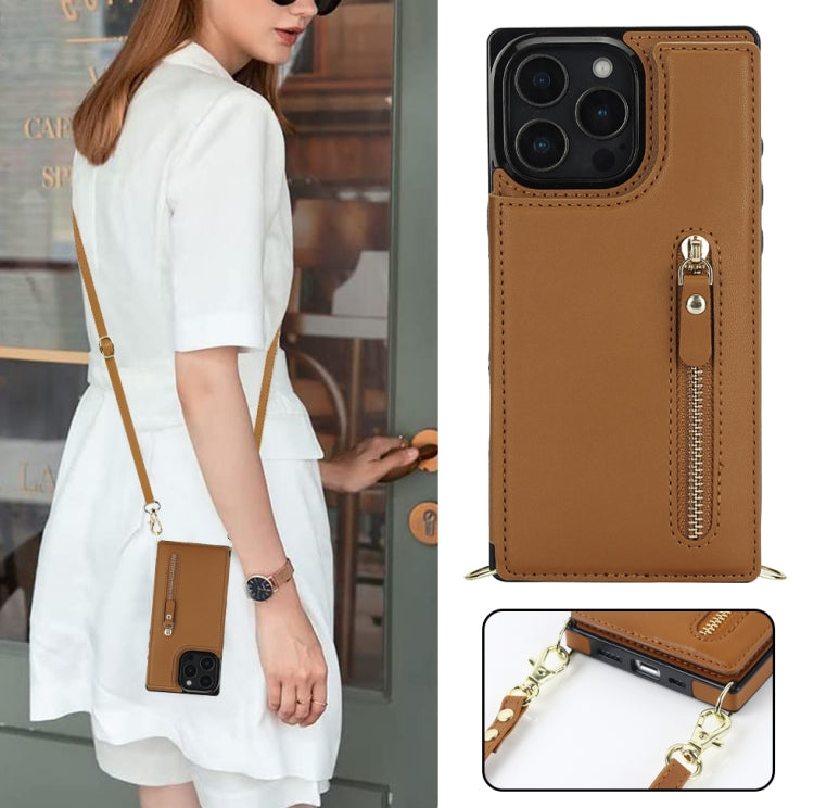 For iPhone 16 Pro Max Cross-body Zipper Square Phone Case(Brown) - iPhone 16 Pro Max Cases by buy2fix | Online Shopping UK | buy2fix