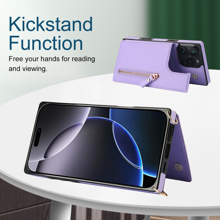 For iPhone 16 Pro Cross-body Zipper Square Phone Case(Purple) by buy2fix