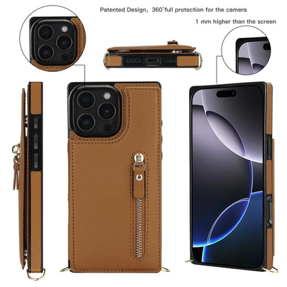 For iPhone 16 Pro Cross-body Zipper Square Phone Case(Brown) - iPhone 16 Pro Cases by buy2fix | Online Shopping UK | buy2fix