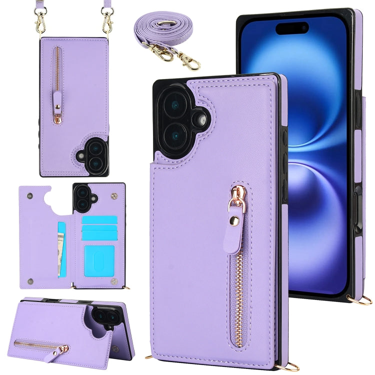 For iPhone 16 Plus Cross-body Zipper Square Phone Case(Purple) by buy2fix